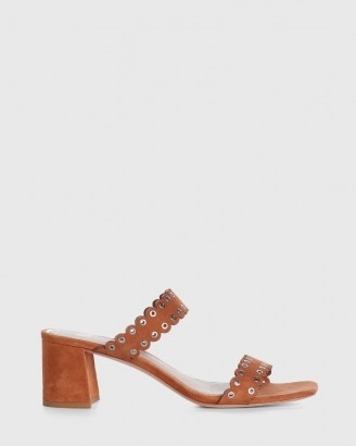 PAIGE Viera Mule Honey Suede ~ brown block heel scalloped strap mules - flipped