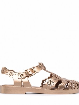 Viktor & Rolf x Melissa Possession Lace sandals / metallic gold PVC floral cut out shoes - flipped