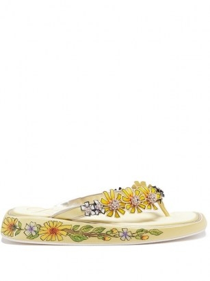 ROGER VIVIER Vivier Blossom hand-painted flatform sandals / yellow floral embellished toe post flatforms - flipped