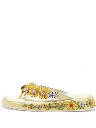 ROGER VIVIER Vivier Blossom hand-painted flatform sandals / yellow floral embellished toe post flatforms