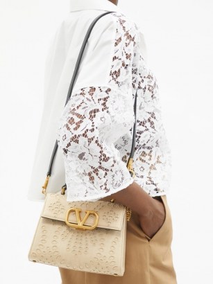 VALENTINO GARAVANI Beige V-Sling San Gallo embroidered canvas bag ~ boxy shape shoulder bags with top handle ~ luxe handbags