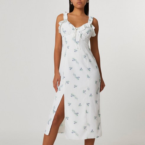 RIVER ISLAND White floral midi slip dress / vintage style camisole dresses / thigh high split hem - flipped