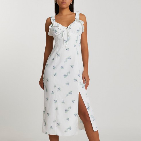 RIVER ISLAND White floral midi slip dress / vintage style camisole dresses / thigh high split hem