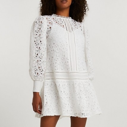 RIVER ISLAND White lace long sleeve mini dress ~ semi sheer puff sleeve dresses