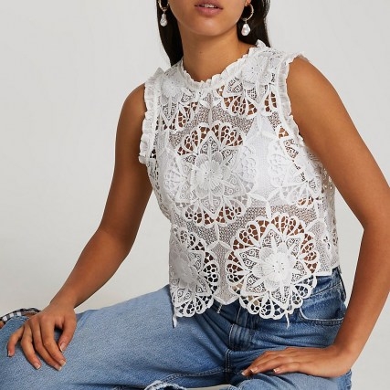 RIVER ISLAND White lace shell vest top ~ semi sheer sleeveless tops - flipped