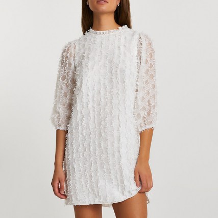 RIVER ISLAND White long sleeve textured shift dress / retro spot pattern dresses