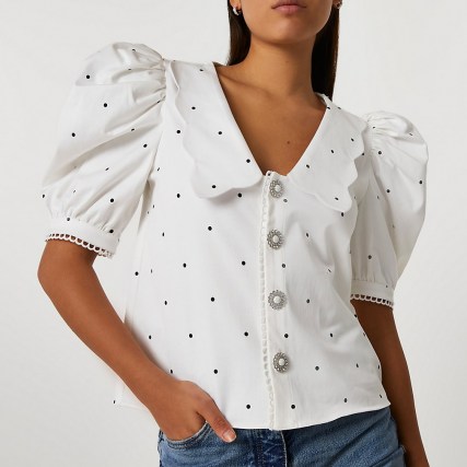 RIVER ISLAND White puff sleeves scallop collar top / romantic oversized collar tops - flipped