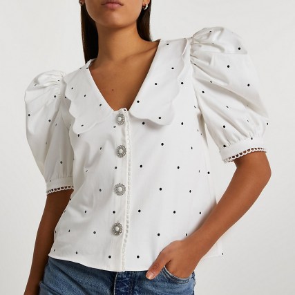 RIVER ISLAND White puff sleeves scallop collar top / romantic oversized collar tops