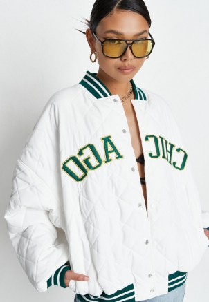 MISSGUIDED white quilted oversized chicago varsity jacket ~ trending American style jackets - flipped