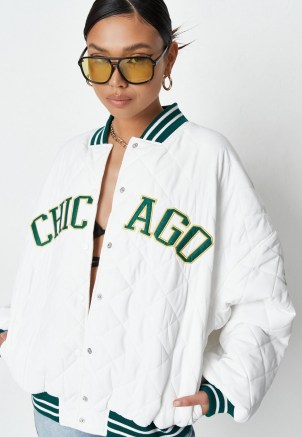 MISSGUIDED white quilted oversized chicago varsity jacket ~ trending American style jackets