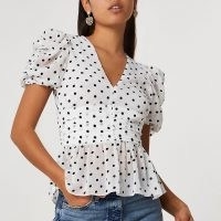 River Island White short sleeve spot tea top | ruched front peplum tops