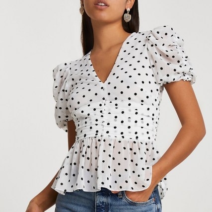 River Island White short sleeve spot tea top | ruched front peplum tops - flipped