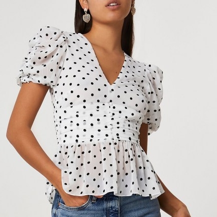 River Island White short sleeve spot tea top | ruched front peplum tops