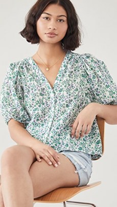 XIRENA Sydell Shirt in Leaf ~ green floral puff sleeve shirts