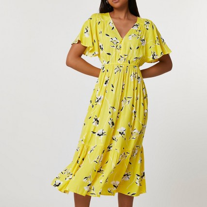 RIVER ISLAND Yellow batwing sleeve floral smock midi dress - flipped