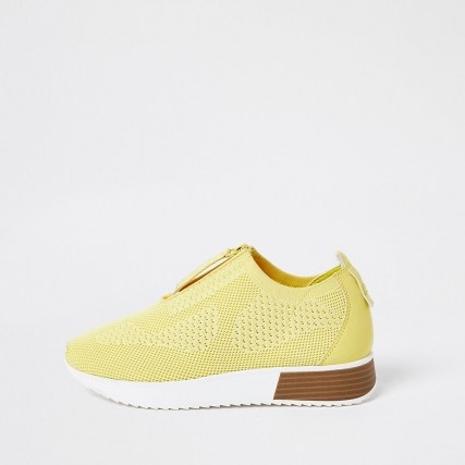 RIVER ISLAND Yellow knitted sock runner trainers / textured fabric trainer - flipped