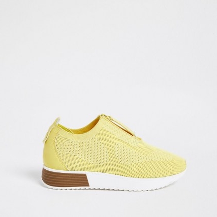 RIVER ISLAND Yellow knitted sock runner trainers / textured fabric trainer