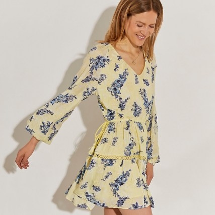 RIVER ISLAND Yellow long sleeve floral broderie dress - flipped