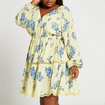 RIVER ISLAND PLUS Yellow long sleeve printed broderie dress / romantic floral plus size dresses - flipped