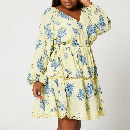 RIVER ISLAND PLUS Yellow long sleeve printed broderie dress / romantic floral plus size dresses