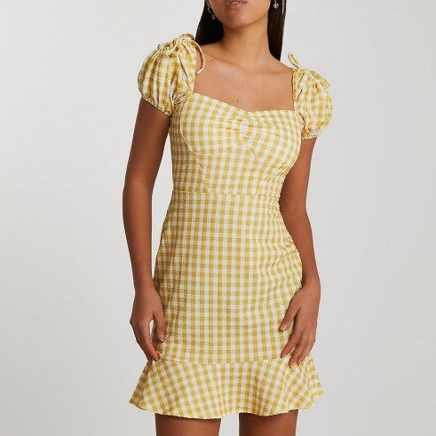 River Island Yellow puff sleeve gingham dress | pephem dresses | peplum hemlines - flipped