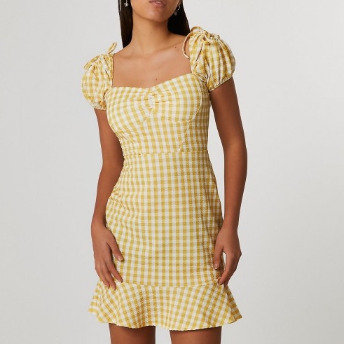 River Island Yellow puff sleeve gingham dress | pephem dresses | peplum hemlines