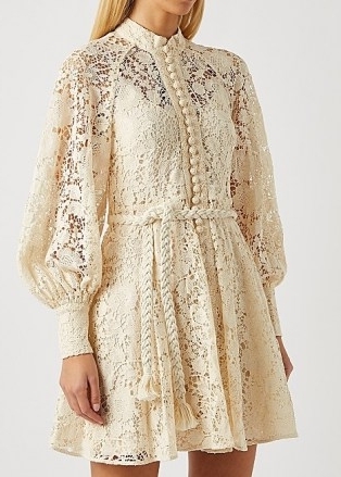 ZIMMERMANN Cassia cream macramé-lace dress / romantic semi sheer balloon sleeve dresses - flipped