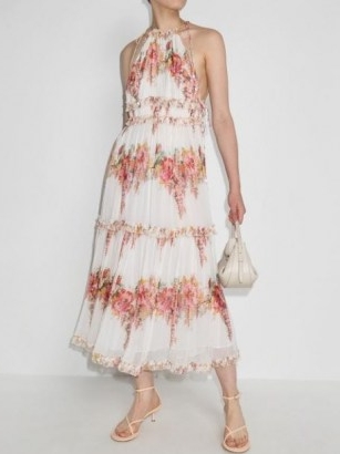 Zimmermann Mae tiered pleated dress – floral halterneck summer dresses