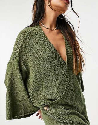 Zulu & Zephyr Exclusive knitted wrap over beach playsuit in khaki - flipped