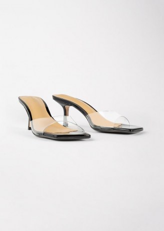 TONY BIANCO Alisha Clear Vinylite/Black Patent Heels – elegant clear strap square toe mules – mule sandals - flipped