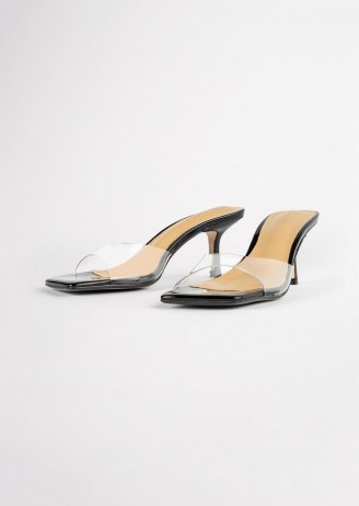 TONY BIANCO Alisha Clear Vinylite/Black Patent Heels – elegant clear strap square toe mules – mule sandals