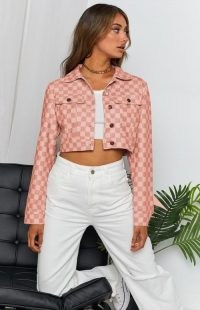 BEGINNING BOUTIQUE Alternator Check Cropped Jacket Pink ~ checked crop hem jackets ~ womens on trend casual outerwear