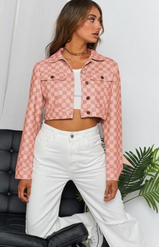 BEGINNING BOUTIQUE Alternator Check Cropped Jacket Pink ~ checked crop hem jackets ~ womens on trend casual outerwear