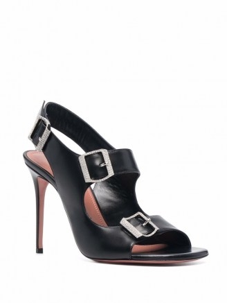 Amina Muaddi Marni buckle-fastening sandals ~ black leather cut-out high heels with crystal embellished buckles - flipped