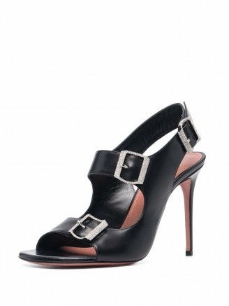 Amina Muaddi Marni buckle-fastening sandals ~ black leather cut-out high heels with crystal embellished buckles