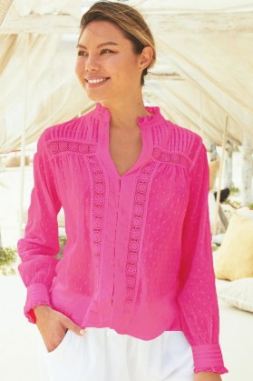 Aspiga CARRIE ORGANIC COTTON DOBBY LACE BLOUSE ~ bright pink blouses - flipped