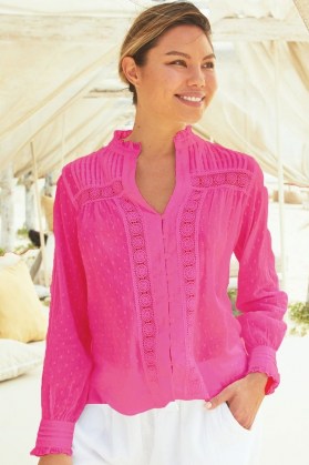 Aspiga CARRIE ORGANIC COTTON DOBBY LACE BLOUSE ~ bright pink blouses