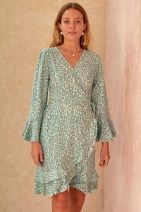 Aspiga MIMI WRAP DRESS ~ green animal print ruffle trim dresses