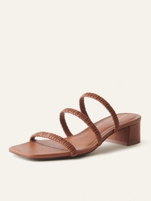 REFORMATION Assunta Strappy Block Heel Mule in Pecan ~ ruched triple strap square toe mules ~ womens brown leather sandals - flipped