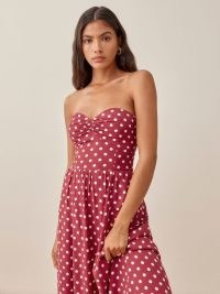 REFORMATION Aymeline Dress in Campari – strapless fitted bodice polka dot dresses – spot print fashion