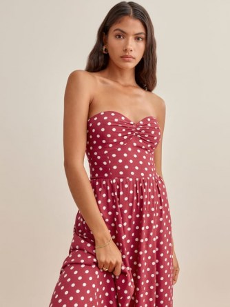 REFORMATION Aymeline Dress in Campari – strapless fitted bodice polka dot dresses – spot print fashion - flipped