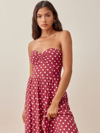 REFORMATION Aymeline Dress in Campari – strapless fitted bodice polka dot dresses – spot print fashion