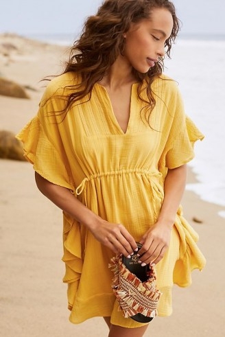 Anthropologie Marina Ruffled Cover-Up Mini Dress in Canary – yellow poolside cover ups – women’s beachwear - flipped