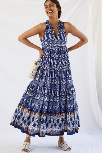Anthropologie Diaz Tiered Abstract Maxi Dress in Blue Motif - flipped