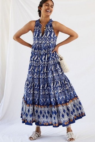 Anthropologie Diaz Tiered Abstract Maxi Dress in Blue Motif