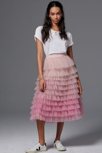 Geisha Designs Tiered Ombre Tulle Midi Skirt in Pink – frothy ballet style skirts - flipped
