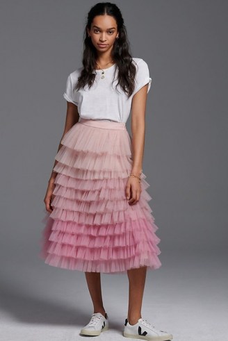 Geisha Designs Tiered Ombre Tulle Midi Skirt in Pink – frothy ballet style skirts
