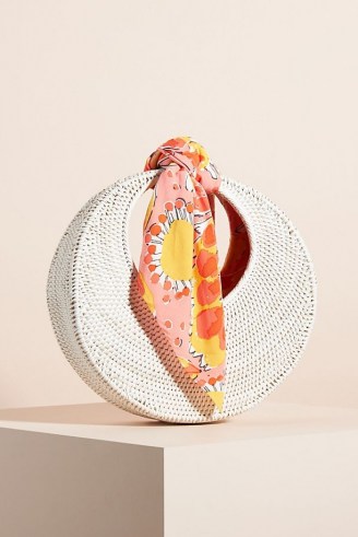 Vera Sigrid Scarf-Trimmed Clutch – white woven rattan bags – summer circular handbag - flipped