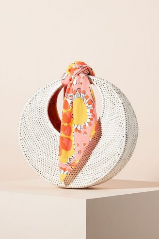 Vera Sigrid Scarf-Trimmed Clutch – white woven rattan bags – summer circular handbag