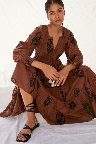 Omika Tiered Maxi Dress Brown Motif ~ boho summer dresses - flipped